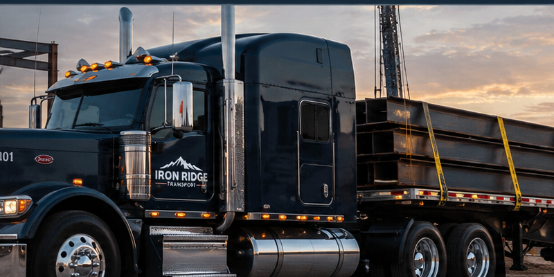 Iron Ridge Transport flatbed truck hauling secured structural steel